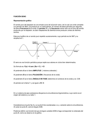 FUNCIÓN SENO

Representación gráfica

El sonido puro del diapasón es una simple curva de la función seno, de la cual una onda completa
(un período de 360º), se produce en un cierto tiempo. El número de éstos períodos por segundo,
se llama Frecuencia de la onda. El período (T), y la frecuencia varían solo con el tono del sonido
producido por el diapasón, es decir diapasones de distintos tonos producen ondas de distintos
anchos.

Este es el gráfico de un sonido puro repetido sucesivamente, cuyo período es de 360º y su
amplitud es 1.




El seno es una función periódica porque repite sus valores en ciclos bien determinados.

Su fórmula es: F(x) = A sen ( Bx + C ) + D

Al parámetro A se lo llama AMPLITUD ( máxima ordenada )

Al parámetro B se lo llama PULSACIÓN ( frecuencia de la onda)

Al parámetro C se lo llama ÁNGULO DE FASE (determina el comienzo de la onda) y es -C/B.

Al período se lo llama T, y es igual a 2¶ / B




En un sistema de ejes cartesianos dibujamos la circunferencia trigonométrica, cuyo centro es el
origen del sistema y su radio 1.




Consideremos el punto fijo A y un punto B de coordenadas x e y, variando sobre la circunferencia.
Al variar el punto B, varía el ángulo AOB.

Podemos definir una función tal que al ángulo variable AOB le haga corresponder la ordenada del
punto B, como se observa en el gráfico.
 
