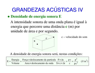 GRANDEZAS ACÚSTICAS IV
Densidade de energia sonora E
A intensidade sonora de uma onda plana é igual à
energia que percorre uma distância c (m) por
unidade de área e por segundo.
c

c – velocidade do som

S

A densidade de energia sonora será, nestas condições:
Energia Força × deslocamento da partícula F × ∆s
pv
p2
E=
=
=
= 2
Volume
Area × deslocamento da onda S × c × ∆t
c
ρc

(J / m3 )

 
