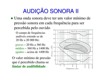 AUDIÇÃO SONORA II
Uma onda sonora deve ter um valor mínimo de
pressão sonora em cada frequência para ser
percebida pelo ouvido.
O campo de frequências
audíveis estende-se de
20 Hz a 20 000 Hz:
graves – 20 Hz a 360 Hz
médios – 360 Hz a 1400 Hz
agudos – acima de 1400 Hz

O valor mínimo de pressão
que é percebido chama-se
limiar de audibilidade

 