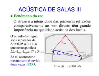 ACÚSTICA DE SALAS III
Fenómeno do eco
O atraso e a intensidade das primeiras reflexões
comparativamente ao som directo têm grande
importância na qualidade acústica dos locais.
O ouvido distingue
sons separados de
∆t ≅ 0,05 a 0,1 s, o
que corresponde a
∆L=Lref-Ldir≅ 17 a 34m.
Se tal acontecer o
mesmo som é ouvido
duas vezes: ECO.

Lref
Ldir

∆L=c.∆t c ≅ 340 m/s

 