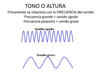 TONO O ALTURA 
Físicamente se relaciona con la FRECUENCIA del sonido: 
Frecuencia grande = sonido agudo 
Frecuencia pequeña = sonido grave 
 