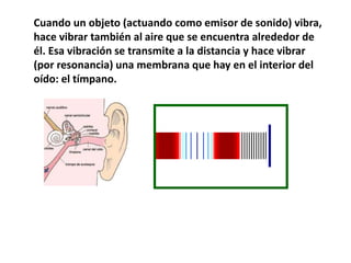 Cuando un objeto (actuando como emisor de sonido) vibra, 
hace vibrar también al aire que se encuentra alrededor de 
él. Esa vibración se transmite a la distancia y hace vibrar 
(por resonancia) una membrana que hay en el interior del 
oído: el tímpano. 
 