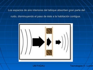 UM FADAU Tecnologías 5 - Lumin
Los espacios de aire interiores del tabique absorben gran parte delLos espacios de aire interiores del tabique absorben gran parte del
ruido, disminuyendo el paso de éste a la habitación contigua.ruido, disminuyendo el paso de éste a la habitación contigua.
 