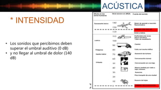 ACÚSTICA
• Los sonidos que percibimos deben
superar el umbral auditivo (0 dB)
• y no llegar al umbral de dolor (140
dB)
ACÚSTICA + CUALIDADES DEL SONIDO
* INTENSIDAD
 