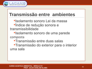Transmissão entre ambientes
Isolamento sonoro Lei da massa
Índice de redução sonora e 
transmissibilidade
Isolamento sonoro de uma parede 
composta 
Transmissão entre duas salas
Transmissão do exterior para o interior 
uma sala
11
CURSO ACÚSTICA AMBIENTAL - MÓDULO 01
PROF. JULES GHISLAIN SLAMA
 