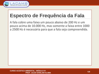 Espectro de Frequência da Fala
A fala cobre uma faixa um pouco abaixo de 200 Hz e um
pouco acima de 10.000 Hz, mas somente a faixa entre 1000
a 2500 Hz é necessária para que a fala seja compreendida.
CURSO ACÚSTICA AMBIENTAL - MÓDULO 01
PROF. JULES GHISLAIN SLAMA
129
 
