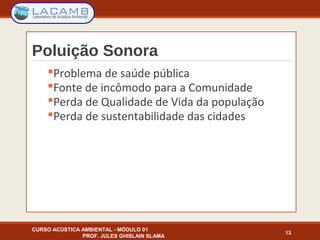 Poluição Sonora
Problema de saúde pública
Fonte de incômodo para a Comunidade
Perda de Qualidade de Vida da população
Perda de sustentabilidade das cidades
13
CURSO ACÚSTICA AMBIENTAL - MÓDULO 01
PROF. JULES GHISLAIN SLAMA
 