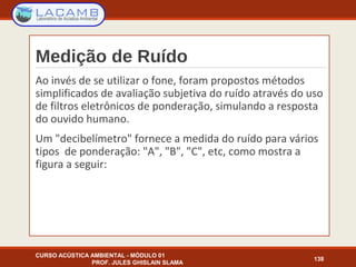Medição de Ruído
Ao invés de se utilizar o fone, foram propostos métodos
simplificados de avaliação subjetiva do ruído através do uso
de filtros eletrônicos de ponderação, simulando a resposta
do ouvido humano.
Um "decibelímetro" fornece a medida do ruído para vários
tipos de ponderação: "A", "B", "C", etc, como mostra a
figura a seguir:
CURSO ACÚSTICA AMBIENTAL - MÓDULO 01
PROF. JULES GHISLAIN SLAMA
138
 