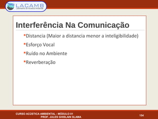 Interferência Na Comunicação
Distancia (Maior a distancia menor a inteligibilidade)
Esforço Vocal
Ruído no Ambiente
Reverberação
CURSO ACÚSTICA AMBIENTAL - MÓDULO 01
PROF. JULES GHISLAIN SLAMA
154
 
