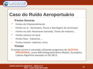 Caso do Ruído Aeroportuário
Fontes Sonoras
 Fontes do Empreendimento
− Fontes no ar : Aeronaves, Pouso e decolagem de aeronaves
− Fontes no solo: Aeronaves taxiando, Testes de motores...
 Fontes sonoras no local
− Fontes fixas : Industrias …
− Fontes moveis: rodovias, trens.
Campo
O campo sonoro é calculado utilizando programas de ACÚSTICA
PREVISIONAL, como INM (Integrated Noise Model), Soundplan,
Cadnaa Algoritmo baseado na ISO 9613.
CURSO ACÚSTICA AMBIENTAL - MÓDULO 01
PROF. JULES GHISLAIN SLAMA
25
 