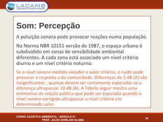 Som: Percepção
A poluição sonora pode provocar reações numa população.
Na Norma NBR 10151 versão de 1987, o espaço urbano é
subdividido em zonas de sensibilidade ambiental
diferentes. A cada zona está associado um nível critério
diurno e um nível critério noturno.
Se o nível sonoro medido exceder o valor critério, o ruído pode
provocar a resposta a da comunidade. Diferenças de 5 dB (A) são
insignificantes ; queixas devem ser certamente esperadas se a
diferença ultrapassar 10 dB (A). A Tabela seguir mostra uma
estimativa da reação pública que pode ser esperada quando o
nível sonoro corrigido ultrapassar o nível critério em
determinado valor.
CURSO ACÚSTICA AMBIENTAL - MÓDULO 01
PROF. JULES GHISLAIN SLAMA
34
 