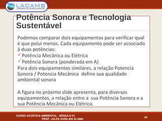 Potência Sonora e Tecnologia
Sustentável
Podemos comparar dois equipamentos para verificar qual
é que polui menos. Cada equipamento pode ser associado
á duas potências:
Potência Mecânica ou Elétrica
Potência Sonora (ponderada em A)
Para dois equipamentos similares, a relação Potencia
Sonora / Potencia Mecânica define sua qualidade
ambiental sonora
A figura no próximo slide apresenta, para diversos
equipamentos, a relação entre a sua Potência Sonora e a
sua Potência Mecânica ou Elétrica.
CURSO ACÚSTICA AMBIENTAL - MÓDULO 01
PROF. JULES GHISLAIN SLAMA
54
 