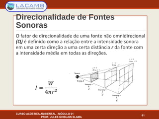 Direcionalidade de Fontes
Sonoras
O fator de direcionalidade de uma fonte não omnidirecional
(Q) é definido como a relação entre a intensidade sonora
em uma certa direção a uma certa distância r da fonte com
a intensidade média em todas as direções.
CURSO ACÚSTICA AMBIENTAL - MÓDULO 01
PROF. JULES GHISLAIN SLAMA
61
 