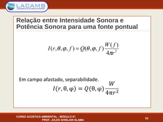 Relação entre Intensidade Sonora e
Potência Sonora para uma fonte pontual
CURSO ACÚSTICA AMBIENTAL - MÓDULO 01
PROF. JULES GHISLAIN SLAMA
63
Em campo afastado, separabilidade.
2
4
)(
),,(),,,(
r
fW
fQfrI
π
ϕθϕθ =
 