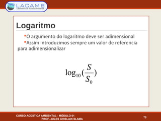 Logaritmo
CURSO ACÚSTICA AMBIENTAL - MÓDULO 01
PROF. JULES GHISLAIN SLAMA
70
O argumento do logaritmo deve ser adimensional
Assim introduzimos sempre um valor de referencia
para adimensionalizar
)(log
0
10
S
S
 