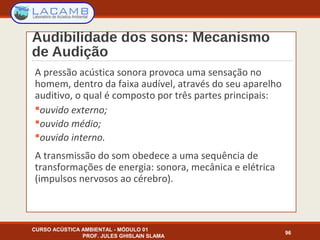 Audibilidade dos sons: Mecanismo
de Audição
CURSO ACÚSTICA AMBIENTAL - MÓDULO 01
PROF. JULES GHISLAIN SLAMA
96
A pressão acústica sonora provoca uma sensação no
homem, dentro da faixa audível, através do seu aparelho
auditivo, o qual é composto por três partes principais:
ouvido externo;
ouvido médio;
ouvido interno.
A transmissão do som obedece a uma sequência de
transformações de energia: sonora, mecânica e elétrica
(impulsos nervosos ao cérebro).
 