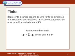 Finita
Representa o campo sonoro de uma fonte de dimensão
finita situada a uma distância relativamente pequena de
uma superfície radiadora (r < S1/2
).
Fontes omnidirecionais:
LpT = ∑ LpI, para os quais r ≥ S1/2
CURSO ACÚSTICA AMBIENTAL - MÓDULO 03
PROF. JULES GHISLAIN SLAMA
11
 