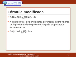 Fórmula modificada
 D(N) = 10 log10(20N+3) dB
 Nesta fórmula, o valor da perda por inserção para valores
de N proximos de 0 é proximo a aquela proposta por
Kurze Anderson
 D(0)= 10 log10(3)= 5dB
CURSO ACÚSTICA AMBIENTAL - MÓDULO 03
PROF. JULES GHISLAIN SLAMA
17
 