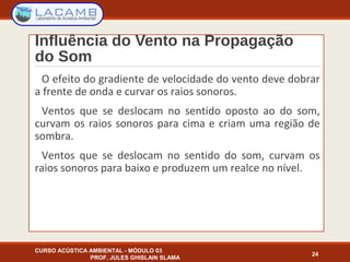 Influência do Vento na Propagação
do Som
O efeito do gradiente de velocidade do vento deve dobrar
a frente de onda e curvar os raios sonoros.
Ventos que se deslocam no sentido oposto ao do som,
curvam os raios sonoros para cima e criam uma região de
sombra.
Ventos que se deslocam no sentido do som, curvam os
raios sonoros para baixo e produzem um realce no nível.
CURSO ACÚSTICA AMBIENTAL - MÓDULO 03
PROF. JULES GHISLAIN SLAMA
24
 