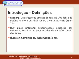 Introdução - Definições
─ Labeling: Declaração de emissão sonora de uma fonte de
Potência Sonora ou Nível Sonoro a certa distância (15m,
7.5)
─ Buy quiet program: Especificações acústicas das
empresas, relativas às propriedades de emissão sonora
das fontes.
─ Ruído em Comunidade, Ruído Ocupacional.
CURSO ACÚSTICA AMBIENTAL - MÓDULO 03
PROF. JULES GHISLAIN SLAMA
3
 