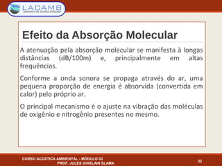 Efeito da Absorção Molecular
A atenuação pela absorção molecular se manifesta à longas
distâncias (dB/100m) e, principalmente em altas
frequências.
Conforme a onda sonora se propaga através do ar, uma
pequena proporção de energia é absorvida (convertida em
calor) pelo próprio ar.
O principal mecanismo é o ajuste na vibração das moléculas
de oxigênio e nitrogênio presentes no mesmo.
CURSO ACÚSTICA AMBIENTAL - MÓDULO 03
PROF. JULES GHISLAIN SLAMA
32
 