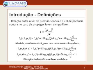 Introdução - Definições
Relação entre nível de pressão sonora e nível de potência
sonora no caso da propagação em campo livre.
CURSO ACÚSTICA AMBIENTAL - MÓDULO 03
PROF. JULES GHISLAIN SLAMA
4
( )
c
p
I rms
ρ
2
=
Nível de pressão sonora Lp para uma determinada frequência.
)
4
(log10)),,((log10)(),,,( 2
2
0
1010
r
r
fQfLfrL wI
π
ϕθϕθ ++=
Divergência Geométrica e Direcionalidade
)
4
(log10)),,((log10)(),,,( 2
2
0
1010
r
r
fQfLfrL wp
π
ϕθϕθ ++=
11)(log20)),,((log10)(),,,(
0
1010 −−+=
r
r
fQfLfrL wp ϕθϕθ
 