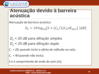 Atenuação devido à barreira
acústica
Atenuação da barreira acústica:
C2 = 20, quando inclui o efeito de reflexão no solo;
C2 = 40 quando não inclui;
λ é o comprimento de onda do som [m].
CURSO ACÚSTICA AMBIENTAL - MÓDULO 03
PROF. JULES GHISLAIN SLAMA
55
 