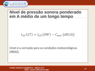 Nível de pressão sonora ponderado
em A médio de um longo tempo
CURSO ACÚSTICA AMBIENTAL - MÓDULO 03
PROF. JULES GHISLAIN SLAMA
67
Cmet é a correção para as condições meteorológicas
[dB(A)].
 