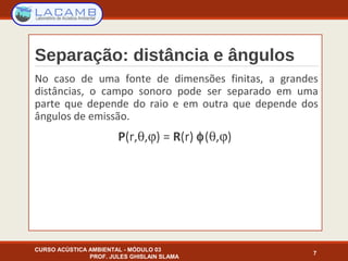 Separação: distância e ângulos
No caso de uma fonte de dimensões finitas, a grandes
distâncias, o campo sonoro pode ser separado em uma
parte que depende do raio e em outra que depende dos
ângulos de emissão.
P(r,θ,ϕ) = R(r) φ(θ,ϕ)
CURSO ACÚSTICA AMBIENTAL - MÓDULO 03
PROF. JULES GHISLAIN SLAMA
7
 