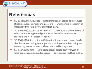 Referências
 ISO 3744:1994, Acoustics — Determination of sound power levels
of noise sources using sound pressure — Engineering method in an
essentially free field over a reflecting plane.
 ISO 3745:—1), Acoustics — Determination of sound power levels of
noise sources using sound pressure — Precision methods for
anechoic and hemi-anechoic rooms.
 ISO 3746:1995, Acoustics — Determination of sound power levels
of noise sources using sound pressure — Survey method using an
enveloping measurement surface over a reflecting plane.
 ISO 3747, Acoustics — Determination of sound power levels of
noise sources using sound pressure — Comparison method in situ.
CURSO ACÚSTICA AMBIENTAL - MÓDULO 03
PROF. JULES GHISLAIN SLAMA
70
 