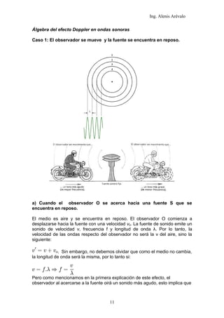 Ing. Alenis Arévalo

Álgebra del efecto Doppler en ondas sonoras

Caso 1: El observador se mueve y la fuente se encuentra en reposo.




a) Cuando el observador O se acerca hacia una fuente S que se
encuentra en reposo.

El medio es aire y se encuentra en reposo. El observador O comienza a
desplazarse hacia la fuente con una velocidad vo. La fuente de sonido emite un
sonido de velocidad v, frecuencia f y longitud de onda λ. Por lo tanto, la
velocidad de las ondas respecto del observador no será la v del aire, sino la
siguiente:

              . Sin embargo, no debemos olvidar que como el medio no cambia,
la longitud de onda será la misma, por lo tanto si:



Pero como mencionamos en la primera explicación de este efecto, el
observador al acercarse a la fuente oirá un sonido más agudo, esto implica que



                                      11
 