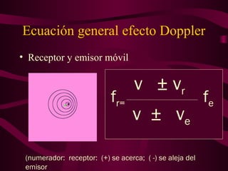 Ecuación general efecto Doppler
• Receptor y emisor móvil
fr=
v ± vr
v ± ve
(numerador: receptor: (+) se acerca; ( -) se aleja del
emisor
fe
 