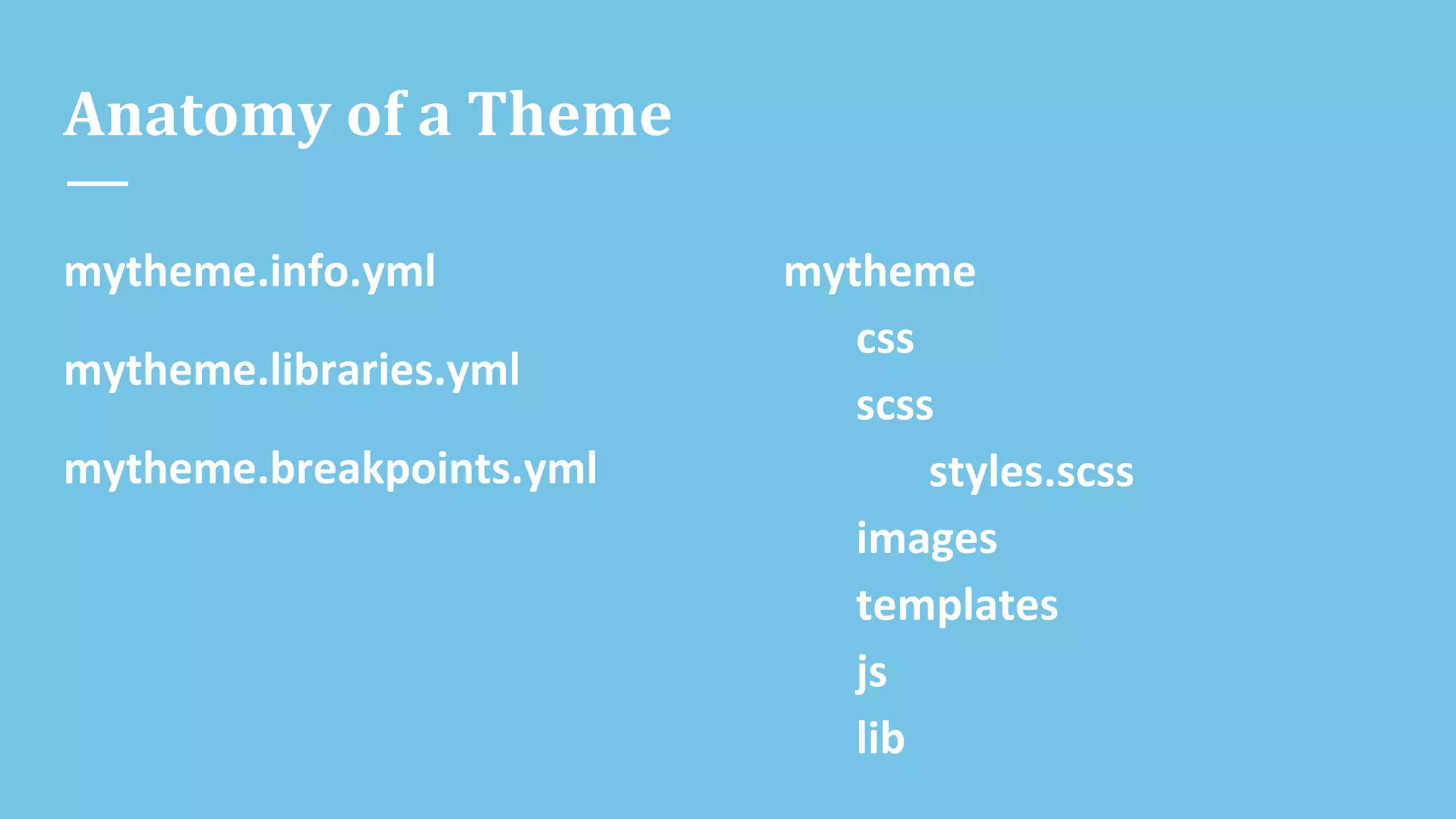 Anatomy of a Theme
mytheme.info.yml
mytheme.libraries.yml
mytheme.breakpoints.yml
mytheme
css
scss
styles.scss
images
templates
js
lib
 
