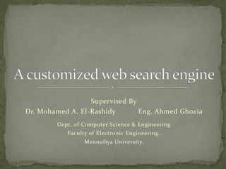 Supervised By
Dr. Mohamed A. El-Rashidy Eng. Ahmed Ghozia
Dept. of Computer Science & Engineering
Faculty of Electronic Engineering,
Menoufiya University.
 