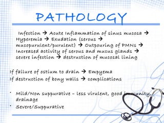 PATHOLOGY 
Infection  Acute Inflammation of sinus mucosa  
Hyperemia  Exudation (serous  
mucopurulent/purulent)  Outpouring of PMNs  
Increased activity of serous and mucus glands  
severe infection  destruction of mucosal lining 
If failure of ostium to drain  Empyema 
If destruction of bony walls  complications 
• Mild/Non suppurative – less virulent, good immunity, 
drainage 
• Severe/Suppurative 
 
