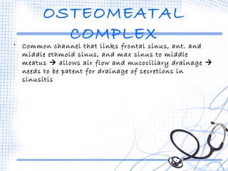 OSTEOMEATAL 
COMPLEX 
• Common channel that links frontal sinus, ant. and 
middle ethmoid sinus, and max sinus to middle 
meatus  allows air flow and mucociliary drainage  
needs to be patent for drainage of secretions in 
sinusitis 
 