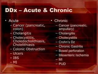 DDx – Acute & Chronic Acute Cancer (pancreatic, colon) Cholangitis Cholecystitis, Choledocholithiasis, Cholelithiasis Colonic Obstruction Ulcers IBS MI Chronic Cancer (pancreatic, ampullary) Cholangitis Cholecystitis Crohn’s Dz Chronic Gastritis Bowel perforation Mesenteric Ischemia MI PUD 