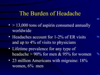 The Burden of Headache > 13,000 tons of aspirin consumed annually worldwide Headaches account for 1-2% of ER visits and up to 4% of visits to physicians Lifetime prevalence for any type of headache > 90% for men & 95% for women 23 million Americans with migraine: 18% women, 6%  men 