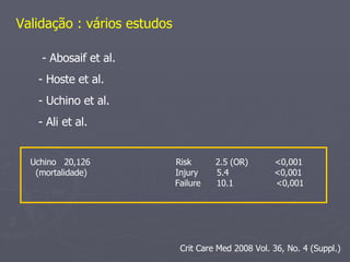   - Abosaif et al. - Hoste et al. - Uchino et al. - Ali et al. Uchino  20,126  Risk  2.5 (OR)  <0,001 (mortalidade)  Injury  5.4  <0,001 Failure  10.1  <0,001 Validação : vários estudos Crit Care Med 2008 Vol. 36, No. 4 (Suppl.) 