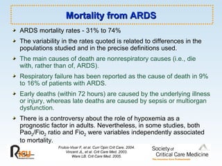 Mortality from ARDS ARDS mortality rates - 31% to 74% The variability in the rates quoted is related to differences in the populations studied and in the precise definitions used. The main causes of death are nonrespiratory causes (i.e., die with, rather than of, ARDS). Respiratory failure has been reported as the cause of death in 9% to 16% of patients with ARDS. Early deaths (within 72 hours) are caused by the underlying illness or injury, whereas late deaths are caused by sepsis or multiorgan dysfunction. There is a controversy about the role of hypoxemia as a prognostic factor in adults. Nevertheless, in some studies, both Pao 2 /Fio 2  ratio and Fio 2  were variables independently associated to mortality. Frutos-Vivar F, et al. Curr Opin Crit Care. 2004. Vincent JL, et al. Crit Care Med. 2003. Ware LB. Crit Care Med. 2005. 