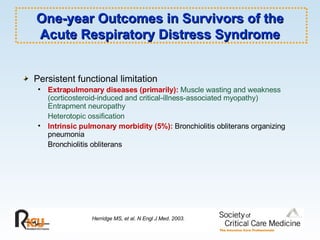 One-year Outcomes in Survivors of the Acute Respiratory Distress Syndrome Persistent functional limitation Extrapulmonary diseases (primarily):   Muscle wasting and weakness (corticosteroid-induced and critical-illness-associated myopathy) Entrapment neuropathy  Heterotopic ossification Intrinsic pulmonary morbidity (5%):  Bronchiolitis obliterans organizing pneumonia  Bronchiolitis obliterans Herridge MS, et al. N Engl J Med. 2003. 