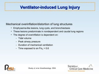 Ventilator-induced Lung Injury Mechanical overinflation/distortion of lung structures   Emphysema-like lesions, lung cysts, and bronchiectasis These lesions predominate in nondependent and caudal lung regions The degree of overinflation is dependent on:  - Tidal volume - Peak airway pressure  - Duration of mechanical ventilation - Time exposed to an Fio 2  > 0.6 Rouby JJ, et al. Anesthesiology. 2004. 