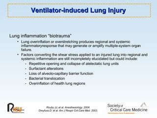 Ventilator-induced Lung Injury Lung inflammation “biotrauma”   Lung overinflation or overstretching produces regional and systemic inflammatoryresponse that may generate or amplify multiple-system organ failure. Factors converting the shear stress applied to an injured lung into regional and systemic inflammation are still incompletely elucidated but could include: - Repetitive opening and collapse of atelectatic lung units - Surfactant alterations - Loss of alveolo-capillary barrier function - Bacterial translocation - Overinflation of health lung regions Rouby JJ, et al. Anesthesiology. 2004. Dreyfuss D, et al. Am J Respir Crit Care Med. 2003. 