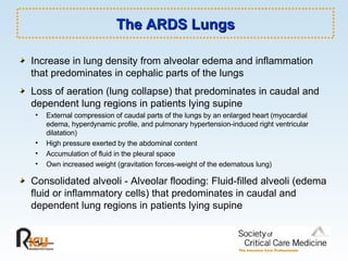 The ARDS Lungs Increase in lung density from alveolar edema and inflammation that predominates in cephalic parts of the lungs Loss of aeration (lung collapse) that predominates in caudal and dependent lung regions in patients lying supine External compression of caudal parts of the lungs by an enlarged heart (myocardial edema, hyperdynamic profile, and pulmonary hypertension-induced right ventricular dilatation) High pressure exerted by the abdominal content Accumulation of fluid in the pleural space Own increased weight (gravitation forces-weight of the edematous lung) Consolidated alveoli - Alveolar flooding: Fluid-filled alveoli (edema fluid or inflammatory cells) that predominates in caudal and dependent lung regions in patients lying supine 
