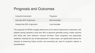 Prognosis and Outcomes
Crescent Involvement Prognosis
Less than 80% of glomeruli More favorable
Greater than 80% of glomeruli Less favorable
The prognosis for RPGN is largely determined by the extent of glomerular involvement, with
patients having crescents in less than 80% of glomeruli generally having a better outcome
than those with more extensive crescent formation. Early recognition and appropriate
treatment, including the use of plasmapheresis in select cases, can significantly improve the
chances of preserving kidney function and preventing the need for long-term dialysis or
transplantation.
 