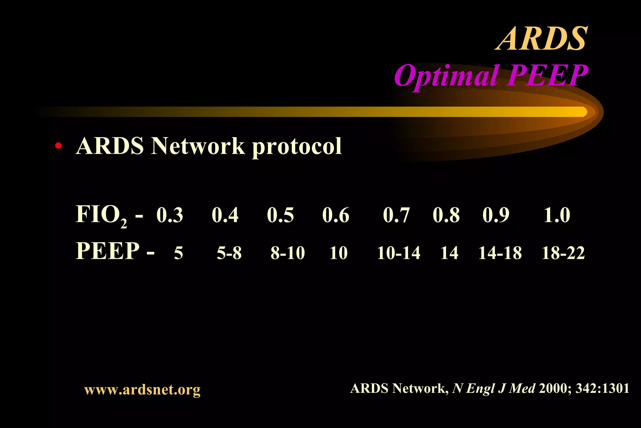 ARDS Optimal PEEP ARDS Network protocol FIO 2  -  0.3  0.4  0.5  0.6  0.7  0.8  0.9  1.0 PEEP -  5  5-8  8-10  10  10-14  14  14-18  18-22 ARDS Network,  N Engl J Med  2000; 342:1301 www.ardsnet.org 