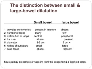The distinction between small &
large-bowel dilatation
Small bowel large bowel
1. vulvulae conniventes present in jejunum absent
2. number of loops many few
3. distribution of loops central peripheral
4. haustra absent present
5. diameter 3-5 cm 5 cm +
6. radius of curvature small large
7. solid feces absent *present
haustra may be completely absent from the descending & sigmoid colon.
 