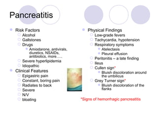 Pancreatitis
 Risk Factors
 Alcohol
 Gallstones
 Drugs
Amiodarone, antivirals,
diuretics, NSAIDs,
antibiotics, more…..
 Severe hyperlipidemia
 Idiopathic
 Clinical Features
 Epigastric pain
 Constant, boring pain
 Radiates to back
 Severe
 N/V
 bloating
 Physical Findings
 Low-grade fevers
 Tachycardia, hypotension
 Respiratory symptoms
Atelectasis
Pleural effusion
 Peritonitis – a late finding
 Ileus
 Cullen sign*
Bluish discoloration around
the umbilicus
 Grey Turner sign*
Bluish discoloration of the
flanks
*Signs of hemorrhagic pancreatitis
 