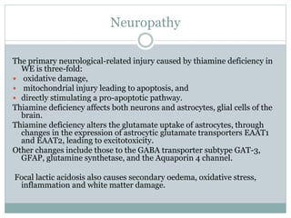 Neuropathy
The primary neurological-related injury caused by thiamine deficiency in
WE is three-fold:
 oxidative damage,
 mitochondrial injury leading to apoptosis, and
 directly stimulating a pro-apoptotic pathway.
Thiamine deficiency affects both neurons and astrocytes, glial cells of the
brain.
Thiamine deficiency alters the glutamate uptake of astrocytes, through
changes in the expression of astrocytic glutamate transporters EAAT1
and EAAT2, leading to excitotoxicity.
Other changes include those to the GABA transporter subtype GAT-3,
GFAP, glutamine synthetase, and the Aquaporin 4 channel.
Focal lactic acidosis also causes secondary oedema, oxidative stress,
inflammation and white matter damage.
 