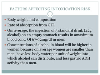 FACTORS AFFECTING INTOXICATION RISK
 Body weight and composition
 Rate of absorption from GIT
 Om average, the ingestion of 3 standard drink (42g
alcohol) on an empty stomach results in amaximum
blood conc. Of 67-92mg/dl in men.
 Concentrations of alcohol in blood will be higher in
women because on average women are smaller than
men, have less body water per unit of weight into
which alcohol can distribute, and less gastric ADH
activity than men.
 